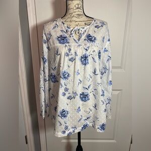 NorthStyle White and Blue Floral Swiss Dot Cotton Tunic w/ Tie Large/L N